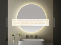 Miroir de salle de bain à LED intelligent avec fonction anti-brouillard, affichage du temps et de la température, atténuation sans pas, conception imperméable à l'eau, contrôle double contact, température de couleur 3000K ~ 6000K, dimensions et fonction p