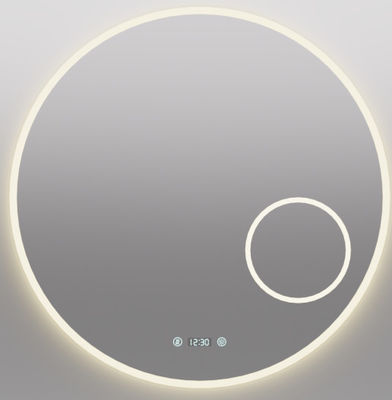 Miroir de salle de bain à LED intelligent avec fonction anti-brouillard, affichage du temps et de la température, atténuation sans pas, conception imperméable à l'eau, contrôle double contact, température de couleur 3000K ~ 6000K, dimensions et fonction personnalisables